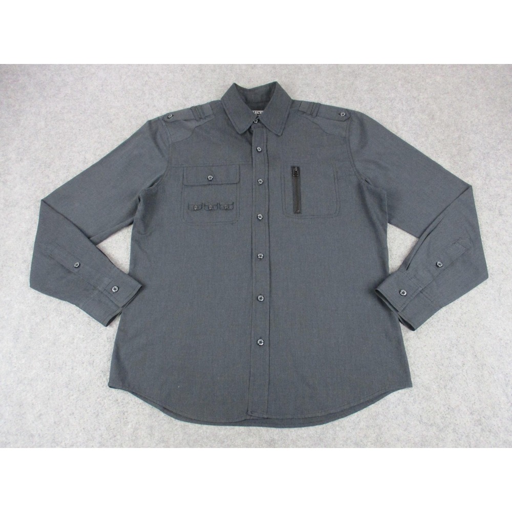 Affliction Shirt Mens Medium Black Premium Military Zip Pocket Button Up Casual